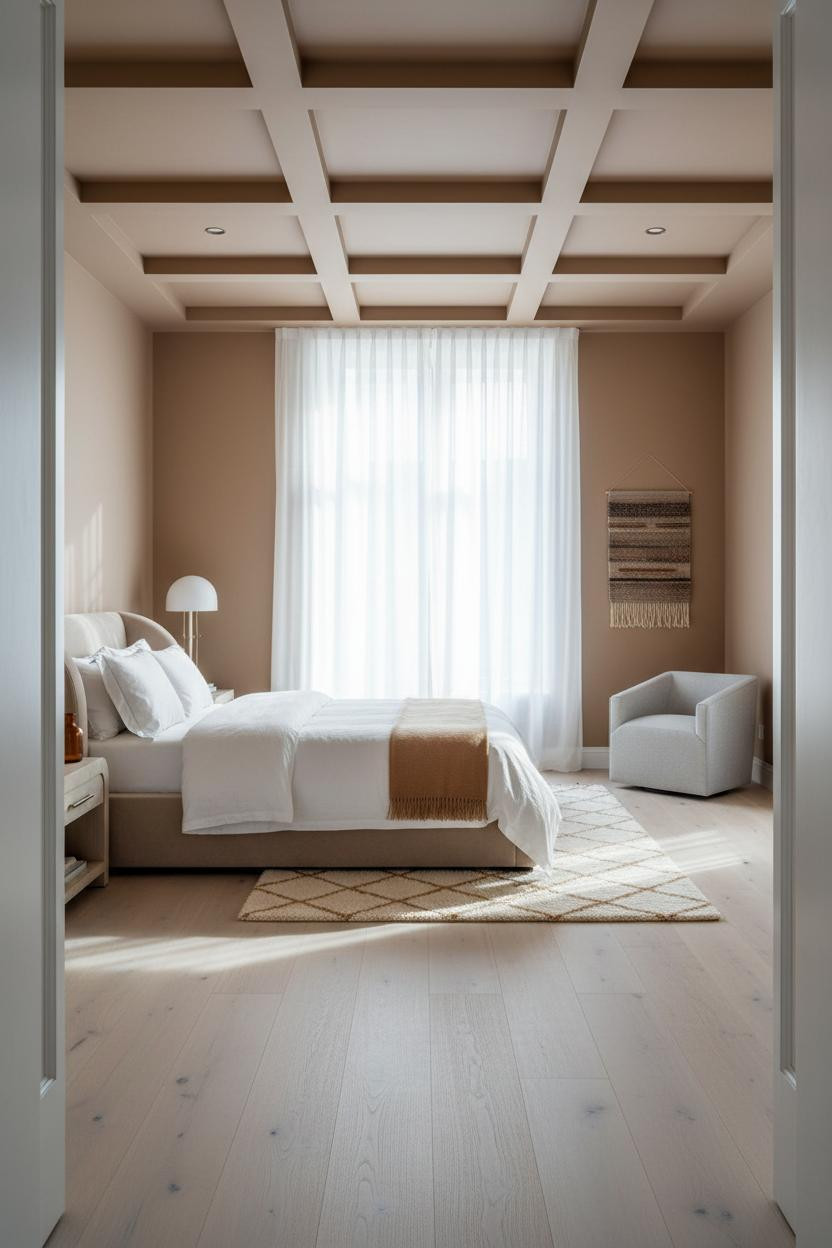 Transitional Bedroom Design Coffered Ceiling