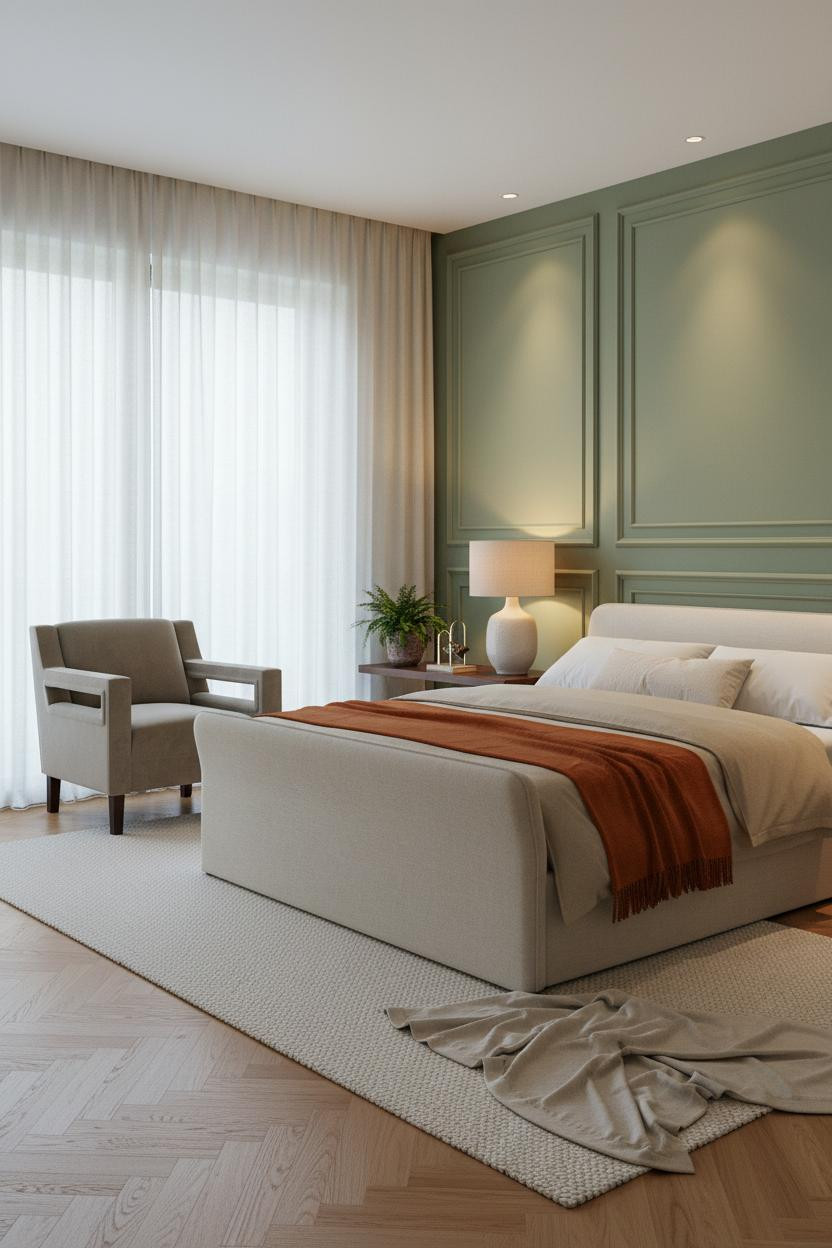 Transitional Bedroom Sage Green Paneling