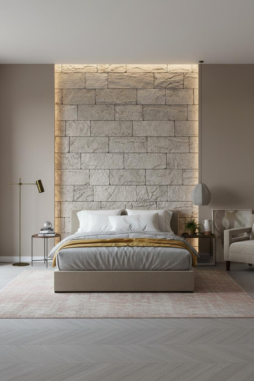 Transitional Bedroom Stone Accent Modern European