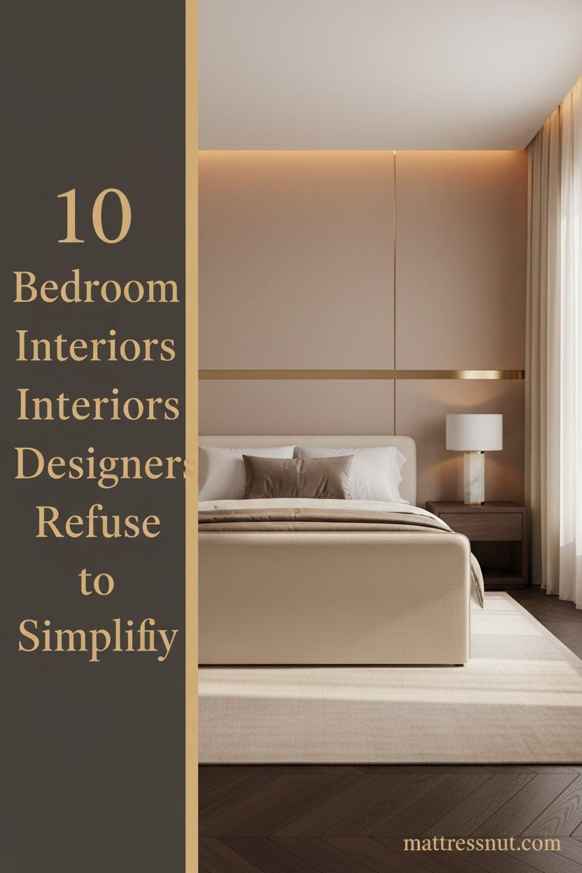 Master suite with warm mushroom plaster walls, brass inlay, dark walnut herringbone floors, ivory linen bedding, and champagne sheers