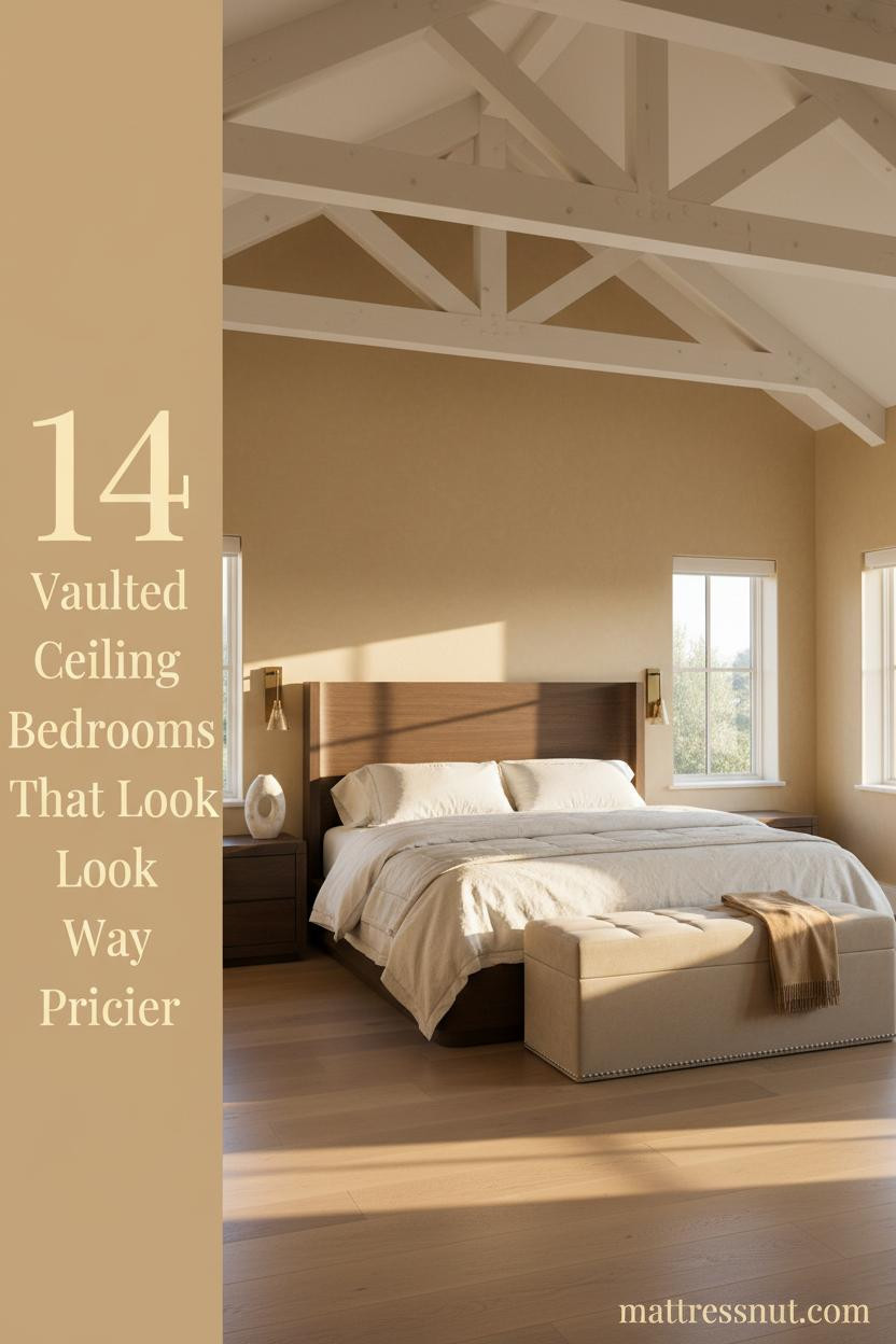 Vaulted master bedroom with whitewashed wood trusses, honey plaster walls, bleached oak floors, ivory linen bedding, camel throw, and warm afternoon light