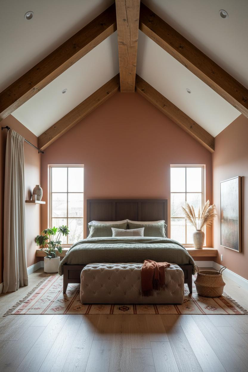 Vaulted Ceiling Bedroom Walnut Trusses Natural Light