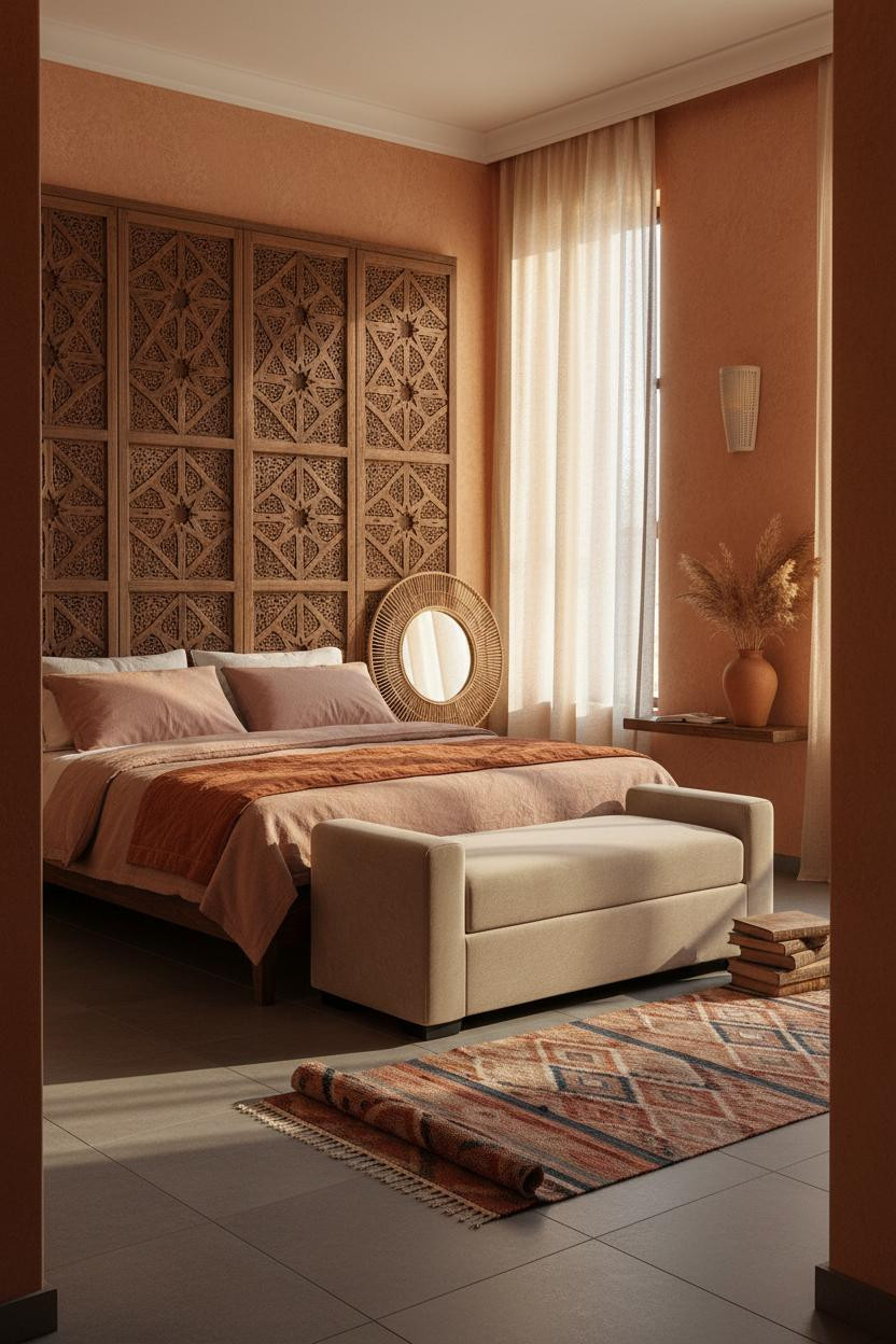 Vintage Boho Bedroom Carved Screen Warm