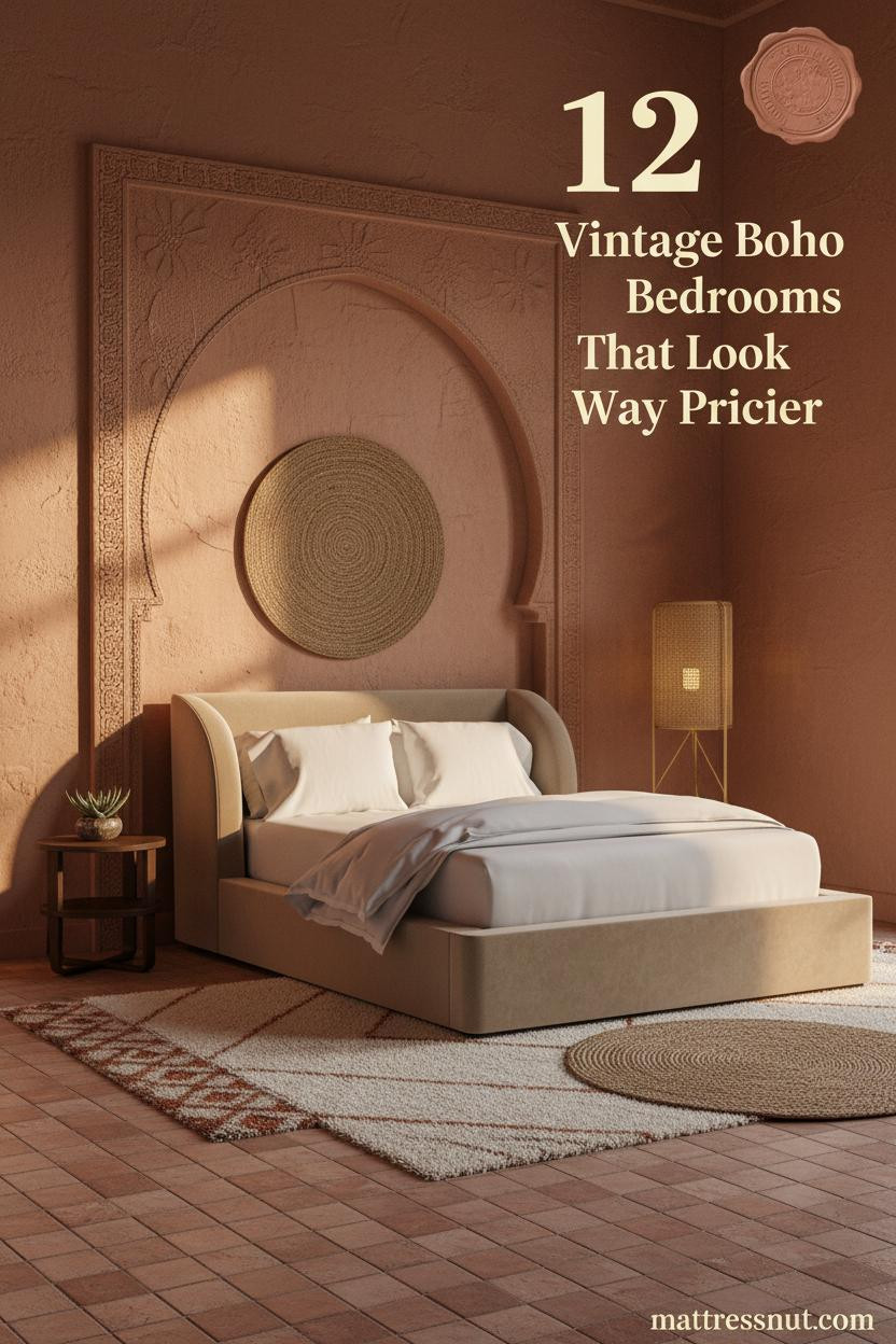 Vintage boho bedroom with terracotta plaster walls, Moroccan arch niche, kilim rug, jute wall hanging, and warm amber raking light