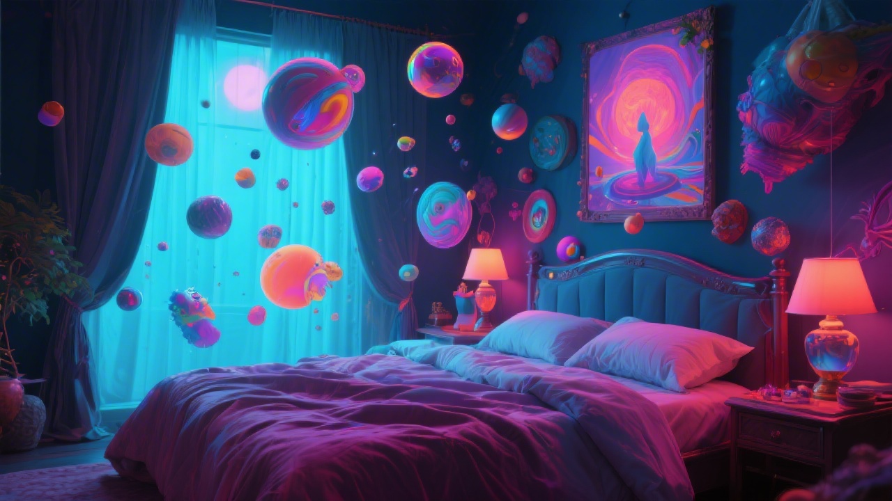 Vivid surreal dreamscape with intense colors and floating elements