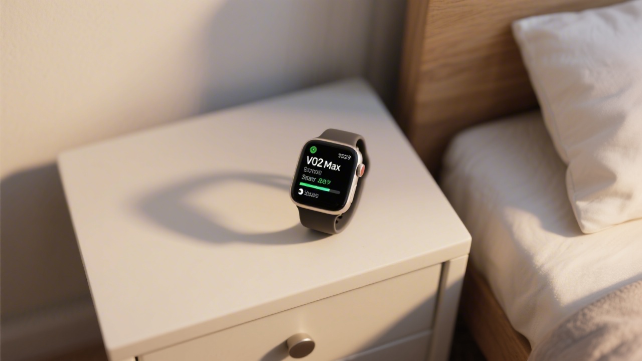 Smartwatch displaying VO2 max and sleep score on bedside table