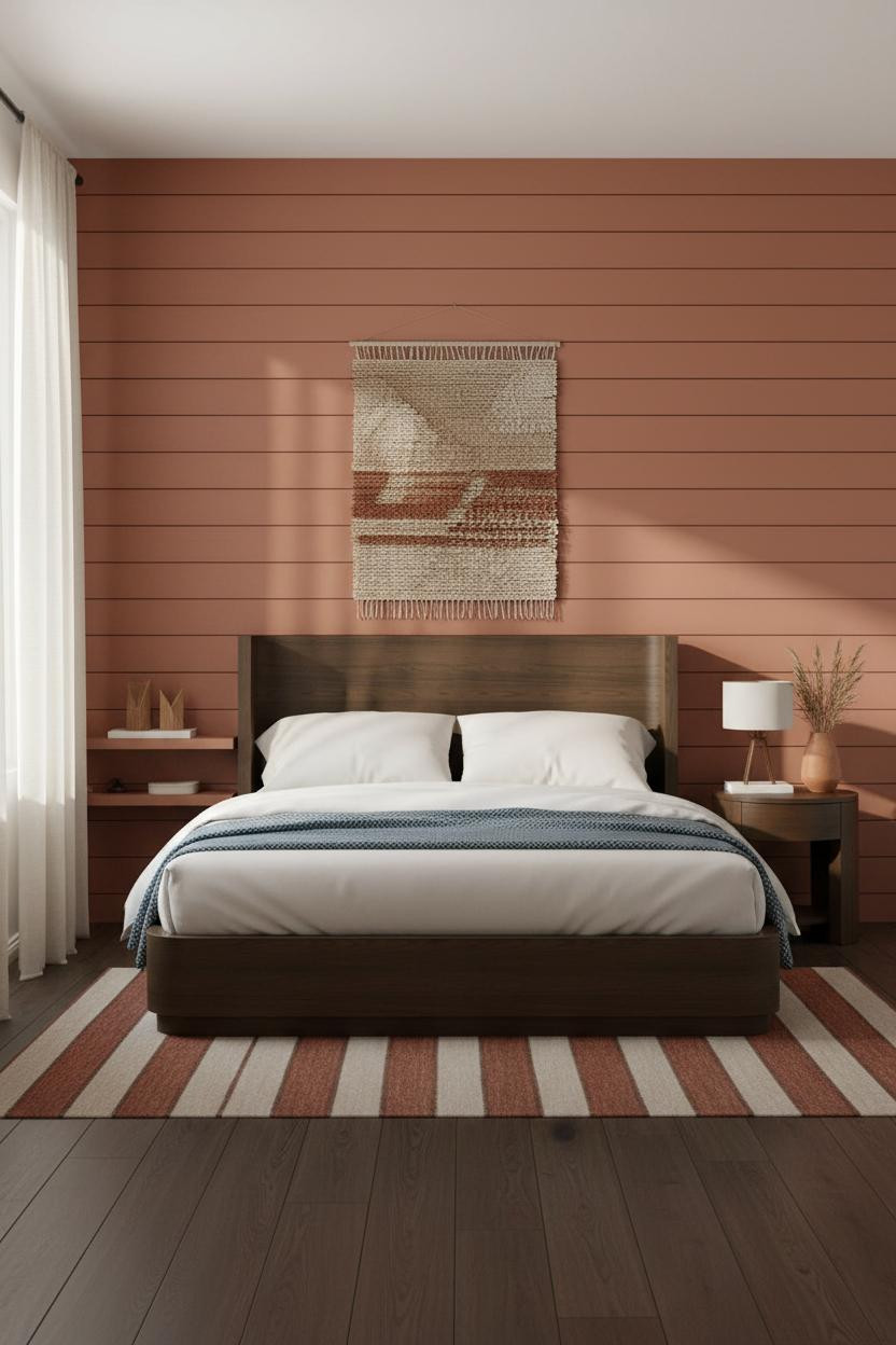 Warm Bedroom Earth Tones Terracotta Shiplap Neutral