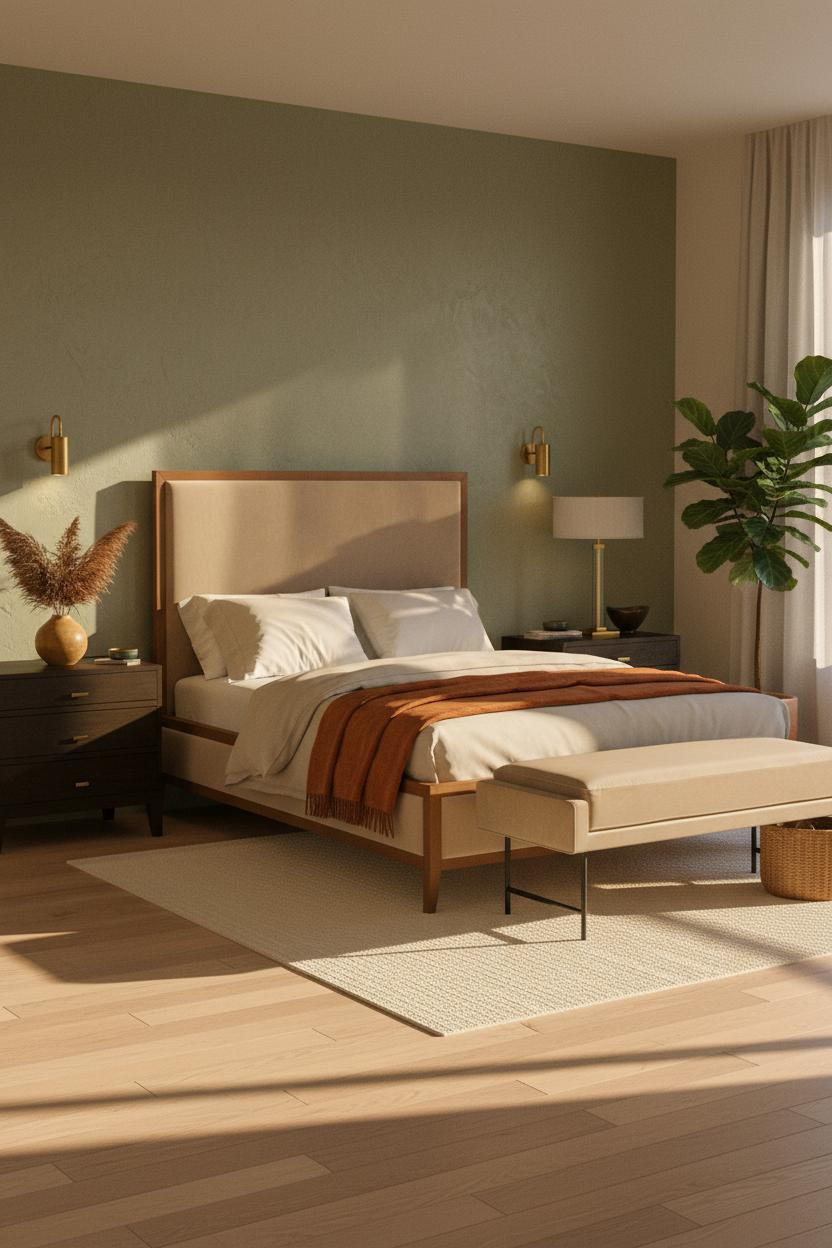 Warm Earth Tone Bedroom Sage Green Accent Wall