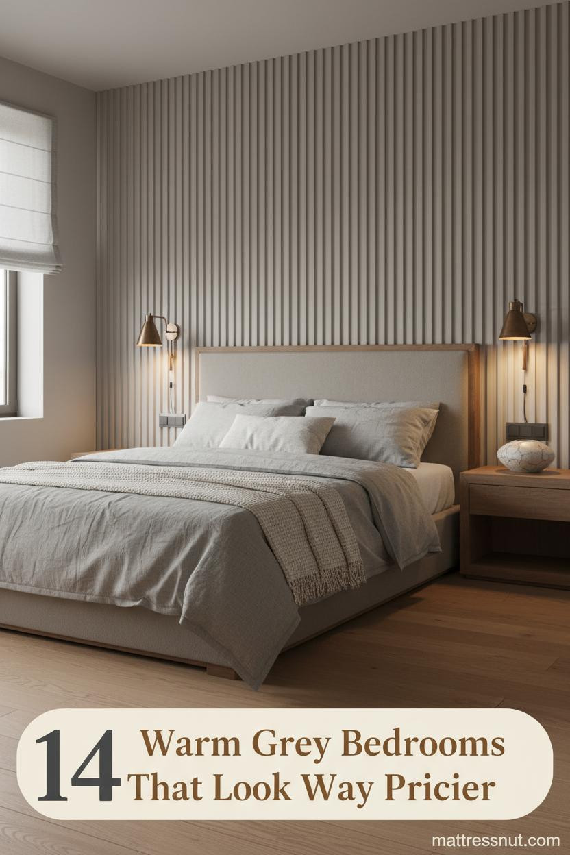Warm grey bedroom with greige fluted headwall, honey oak floors, stone-washed linen bedding, walnut nightstand, and brushed bronze sconces at 2700K