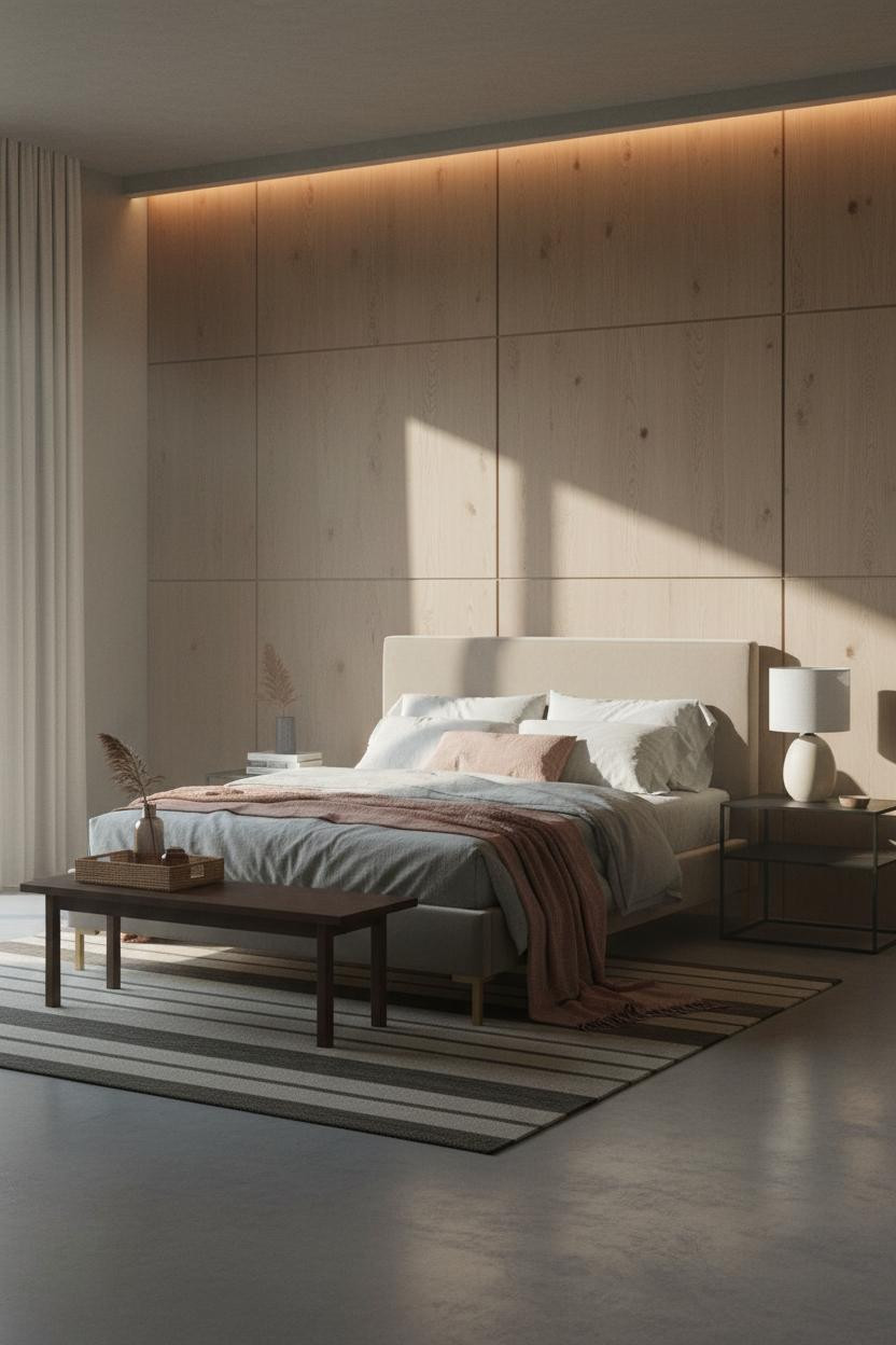 Warm Grey Bedroom Japandi Backlit Headwall