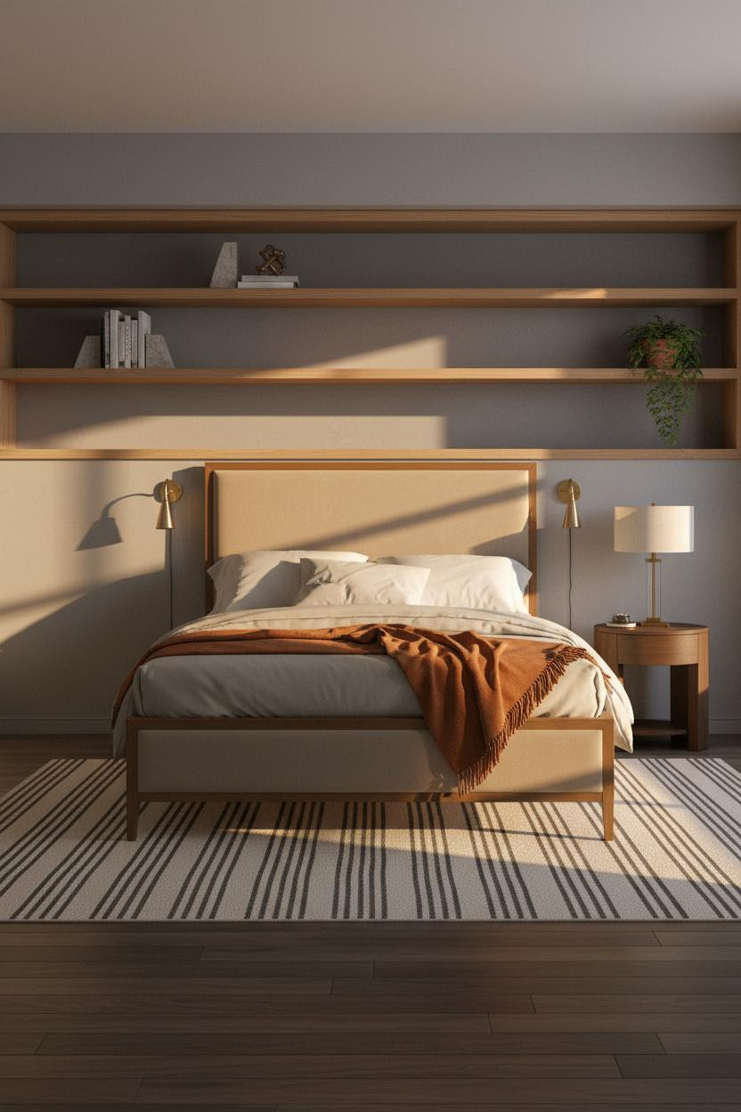 Warm Grey Bedroom Oak Shelving Neutral