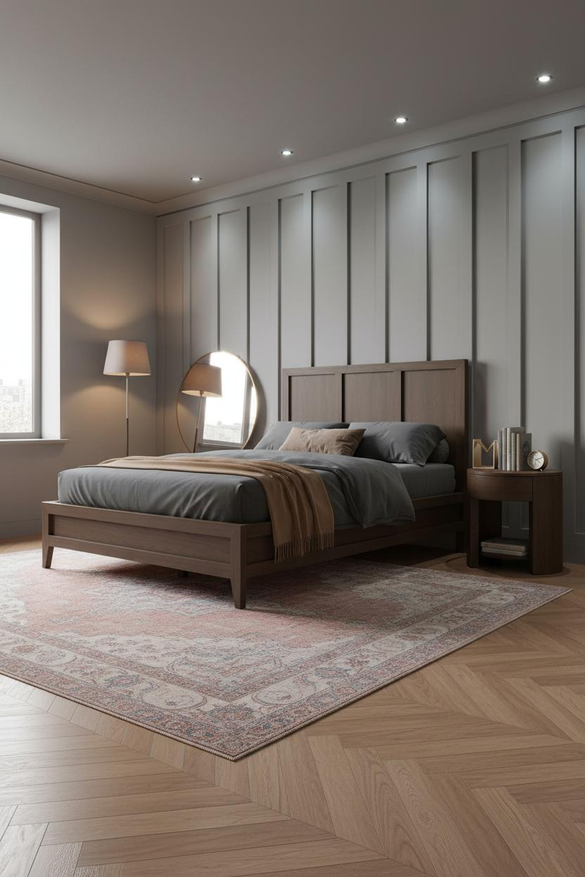 Warm Grey Bedroom Stone Batten Wall