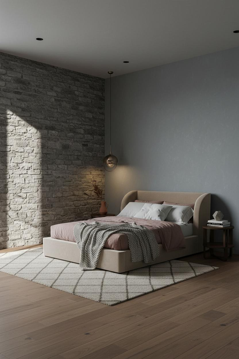 Warm Grey Bedroom Stone Wall Natural Light