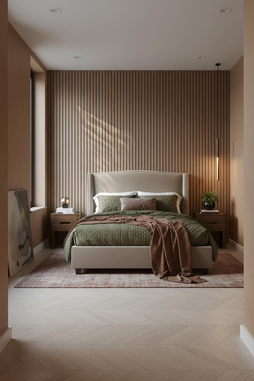 Warm Grey Bedroom Walnut Paneling