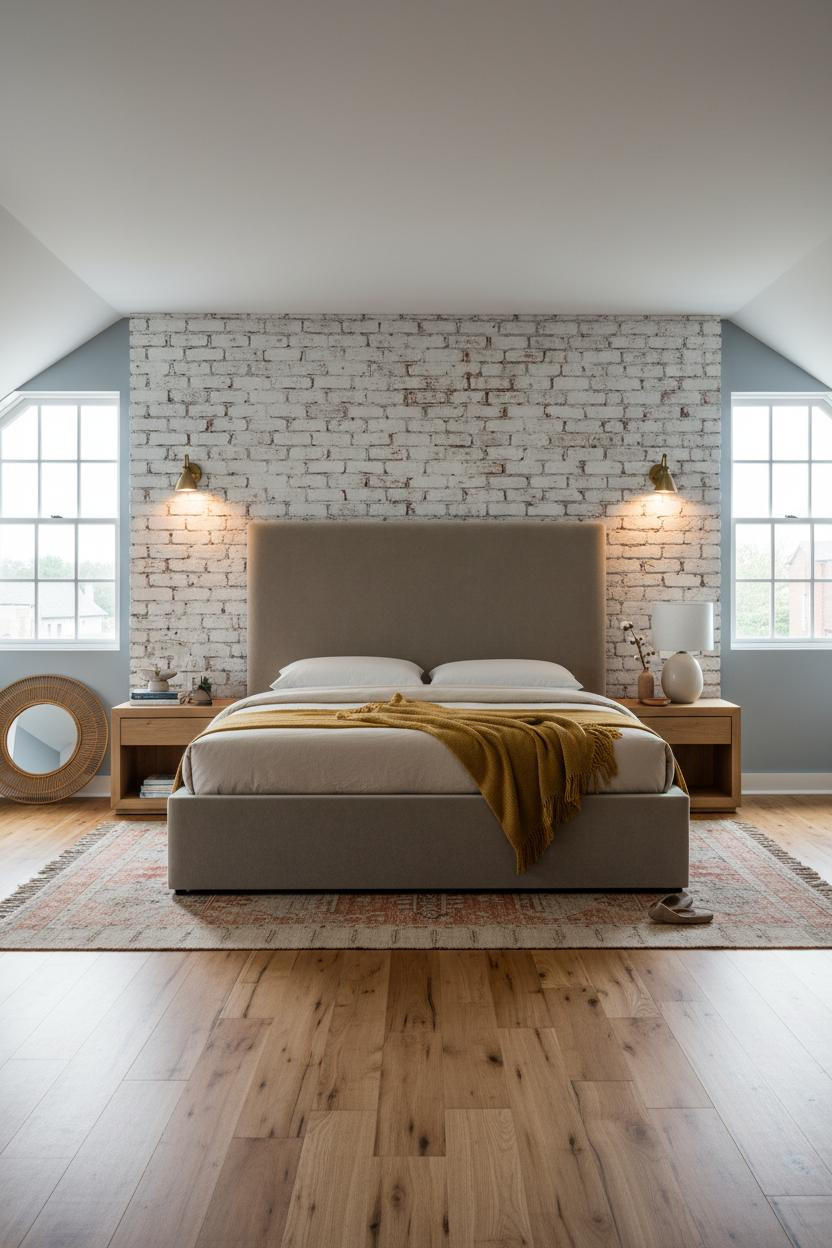 Warm Neutral Attic Bedroom Whitewashed Brick
