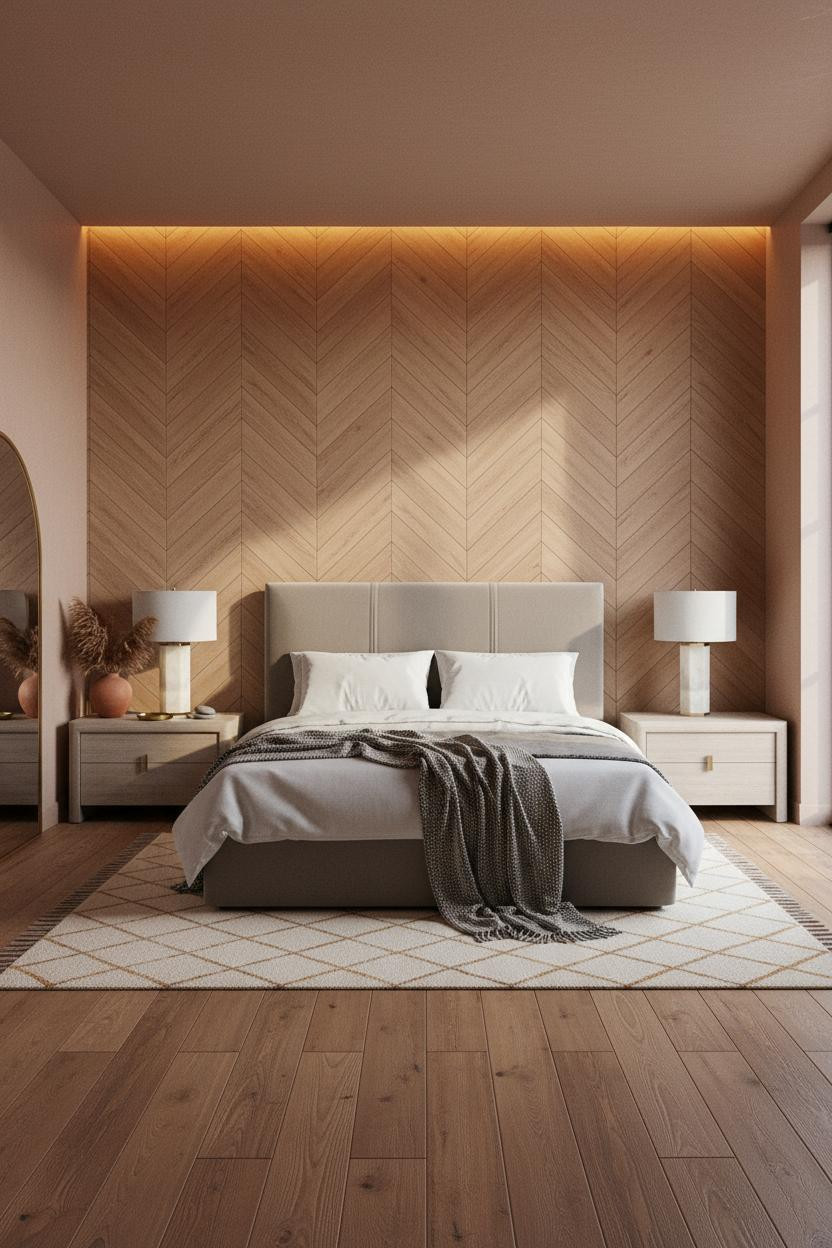 Warm Neutral Bedroom Attic Herringbone Wood