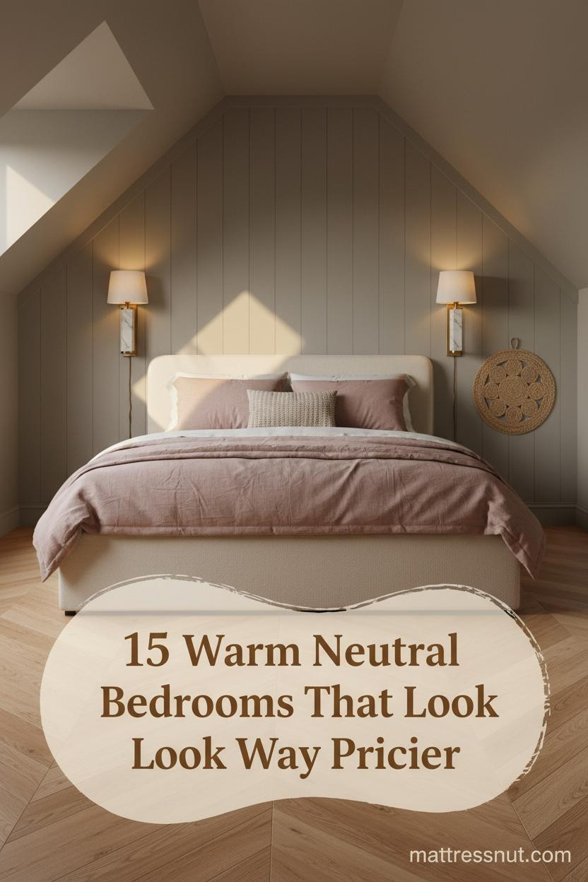 Attic bedroom with greige board-and-batten walls, honey herringbone oak floors, oatmeal linen bedding, dusty pink duvet, and warm 2700K sconce lighting