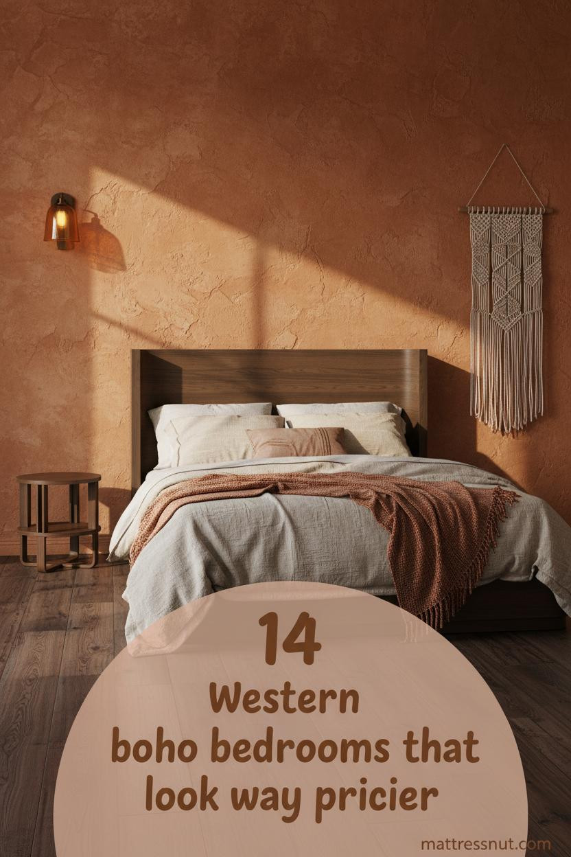 Western boho bedroom with amber plaster accent wall, dark walnut floors, linen bedding, rust wool throw, and woven macrame panel in warm terracotta tones