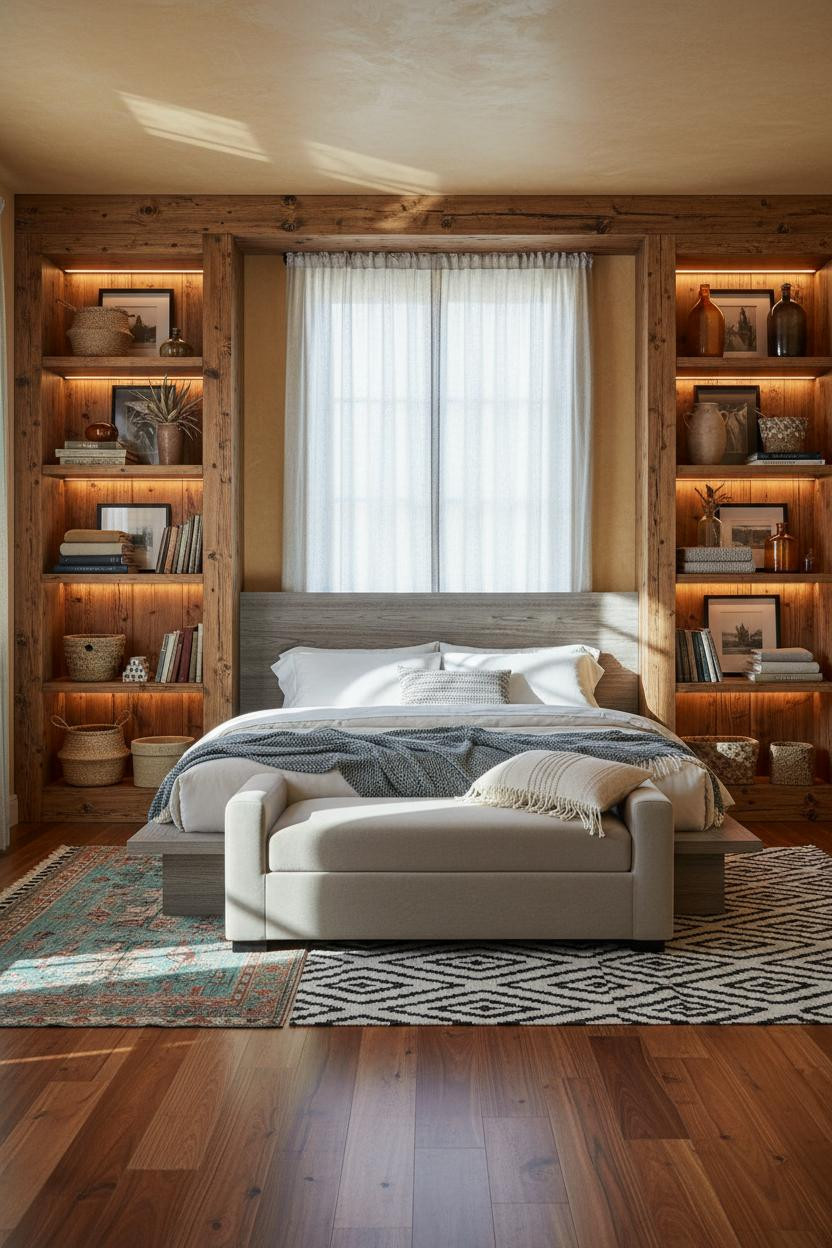 Western Boho Bedroom Ideas Ochre Walls Pine Shelving Modern Rustic