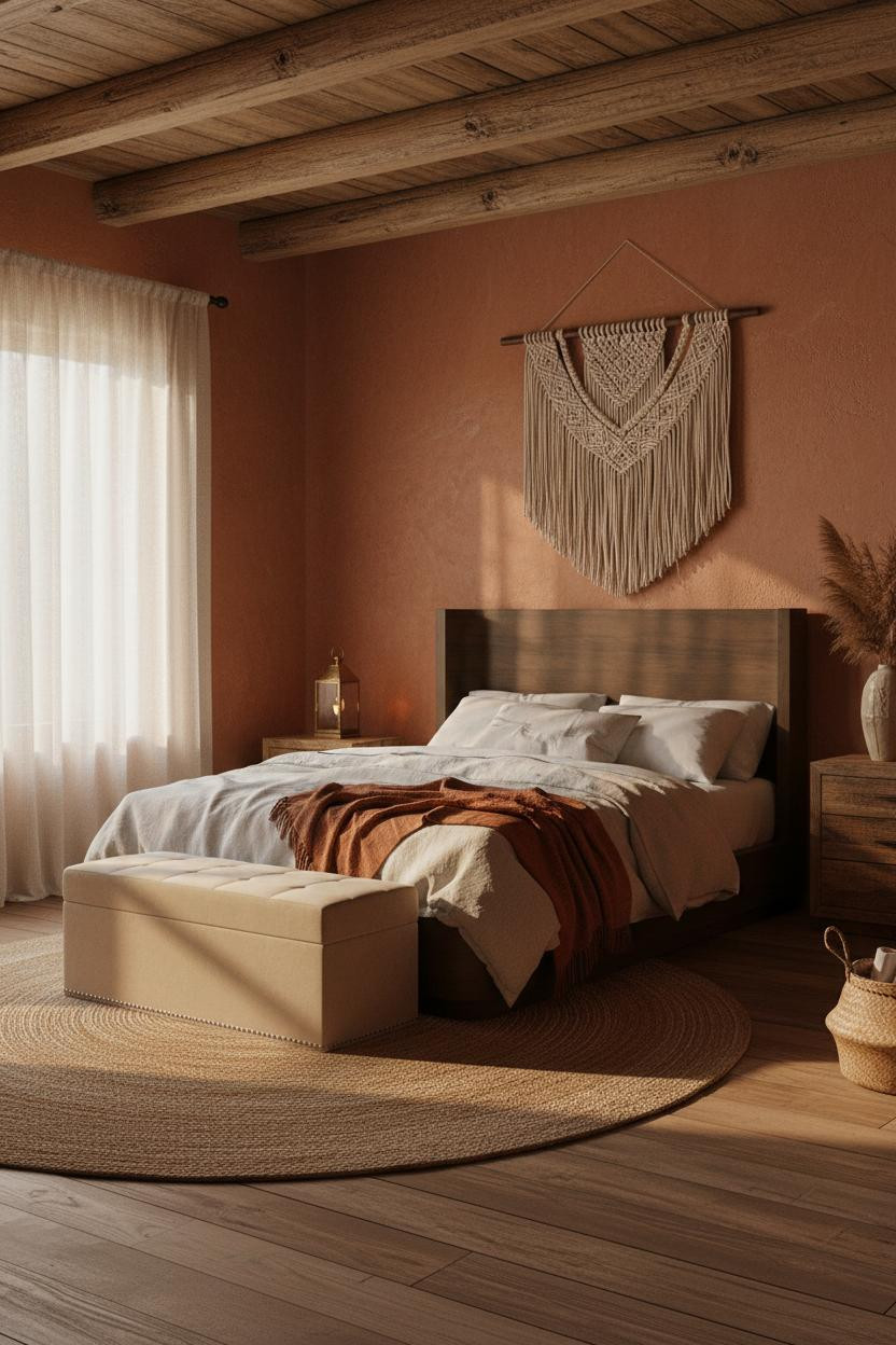 Western Boho Bedroom Ideas Rustic Wood Beams Burnt Sienna Walls Cozy Layered Textures