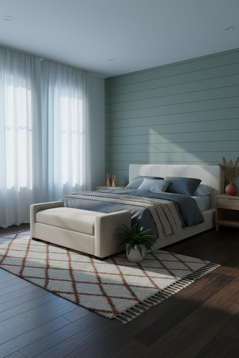 Western Boho Bedroom Ideas Sage Shiplap Cream Linen Curtains Moroccan Rug Modern Chic