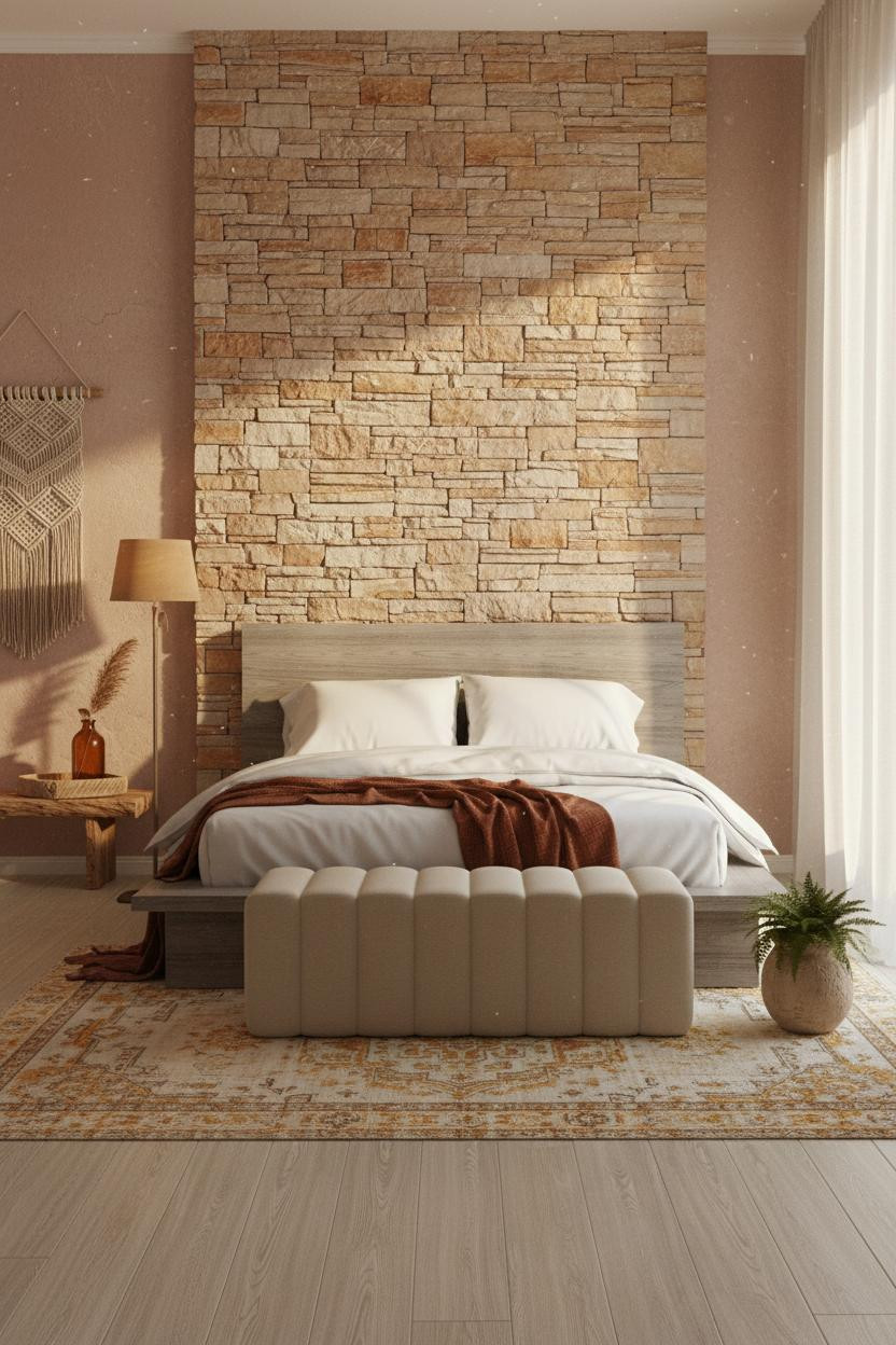 Western Boho Bedroom Ideas Desert Stone Rustic Chic Stacked Stone Accent Wall