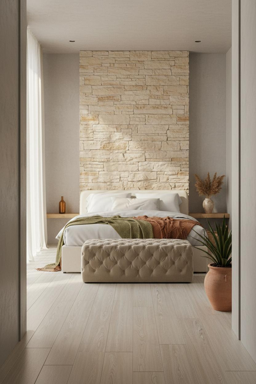 Western Boho Bedroom Stone Accent Wall Design