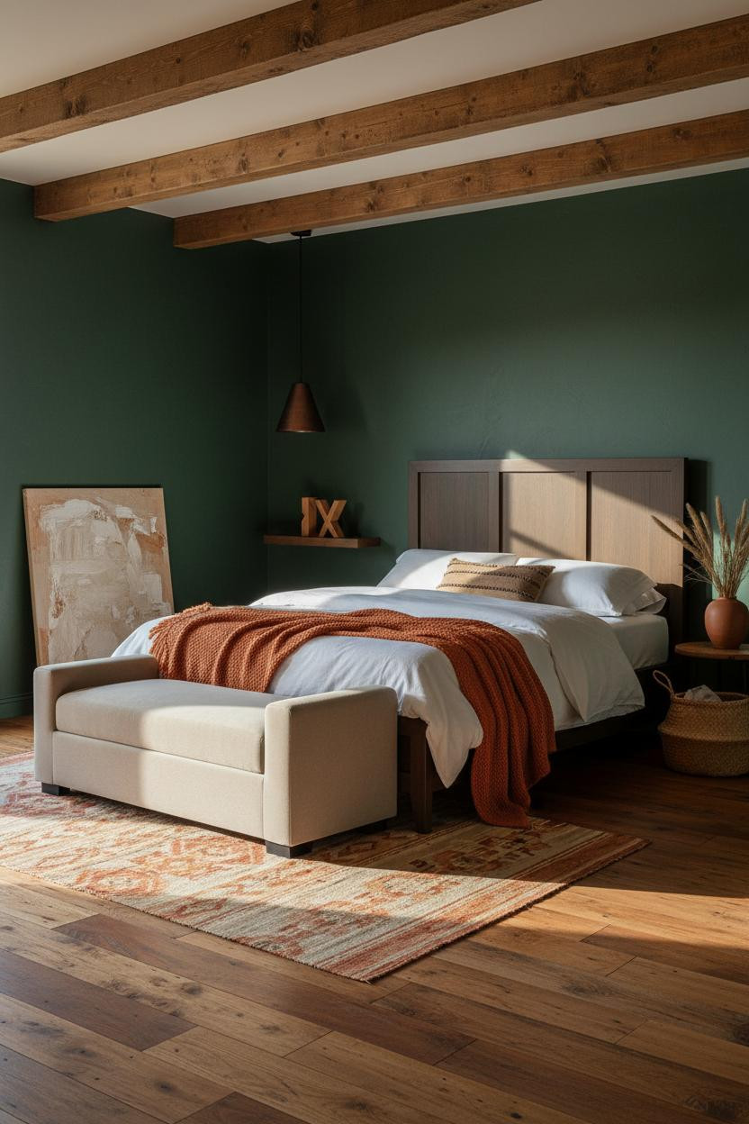 Western Boho Bedroom Ideas Rustic Timber Beams Forest Green Walls Ranch Style