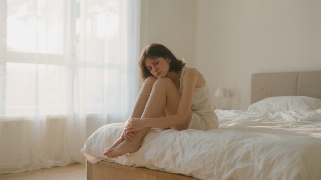 Person feeling tired sitting on edge of bed in morning