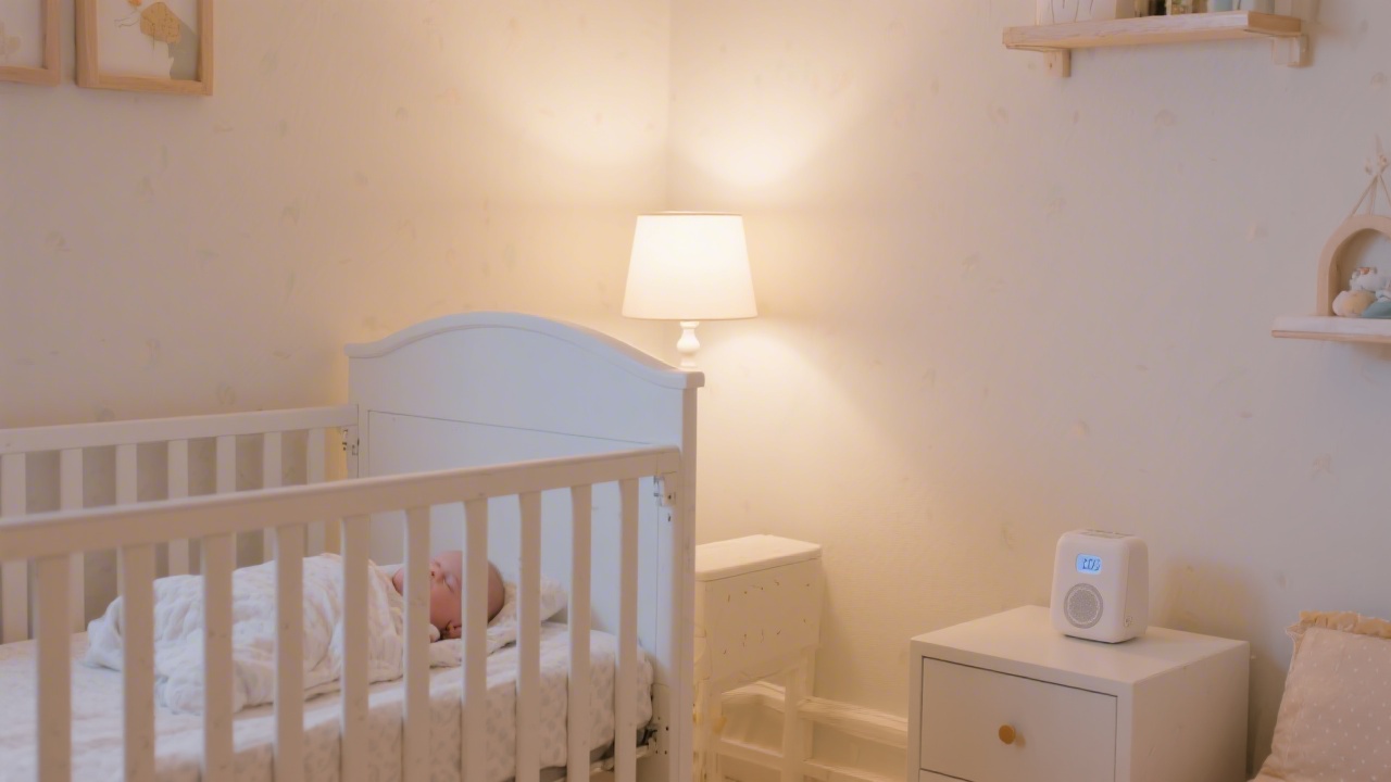 Peaceful nursery with white noise machine near baby crib