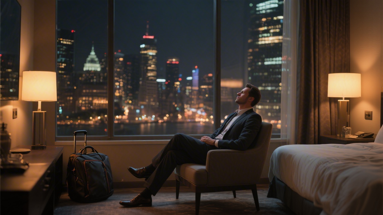 Business traveler optimizing sleep quality in a hotel room