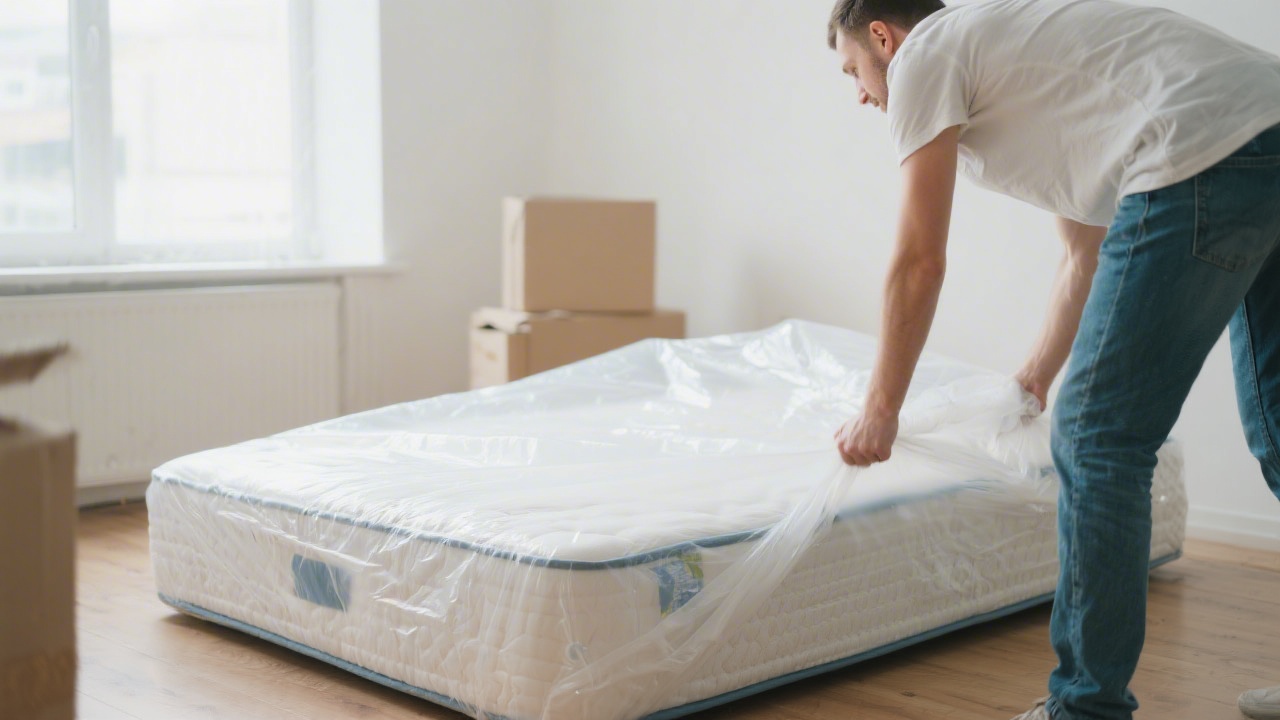 Mattress being wrapped in protective plastic bag for moving