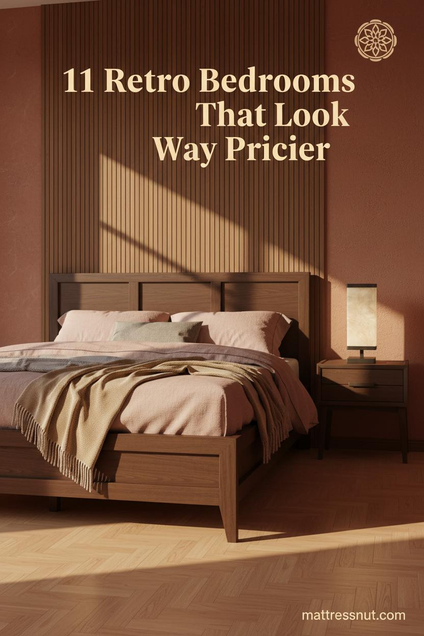Retro 60s bedroom with teak slat paneling, dusty pink linen bedding, camel wool throw, mustard ceramic lamp, and herringbone maple parquet floor