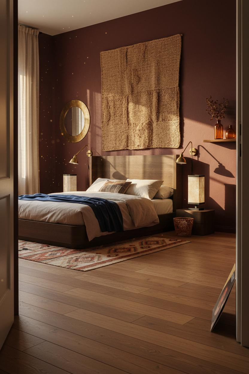 70s Bedroom Maximalist Jute Wall With Brass Sconces
