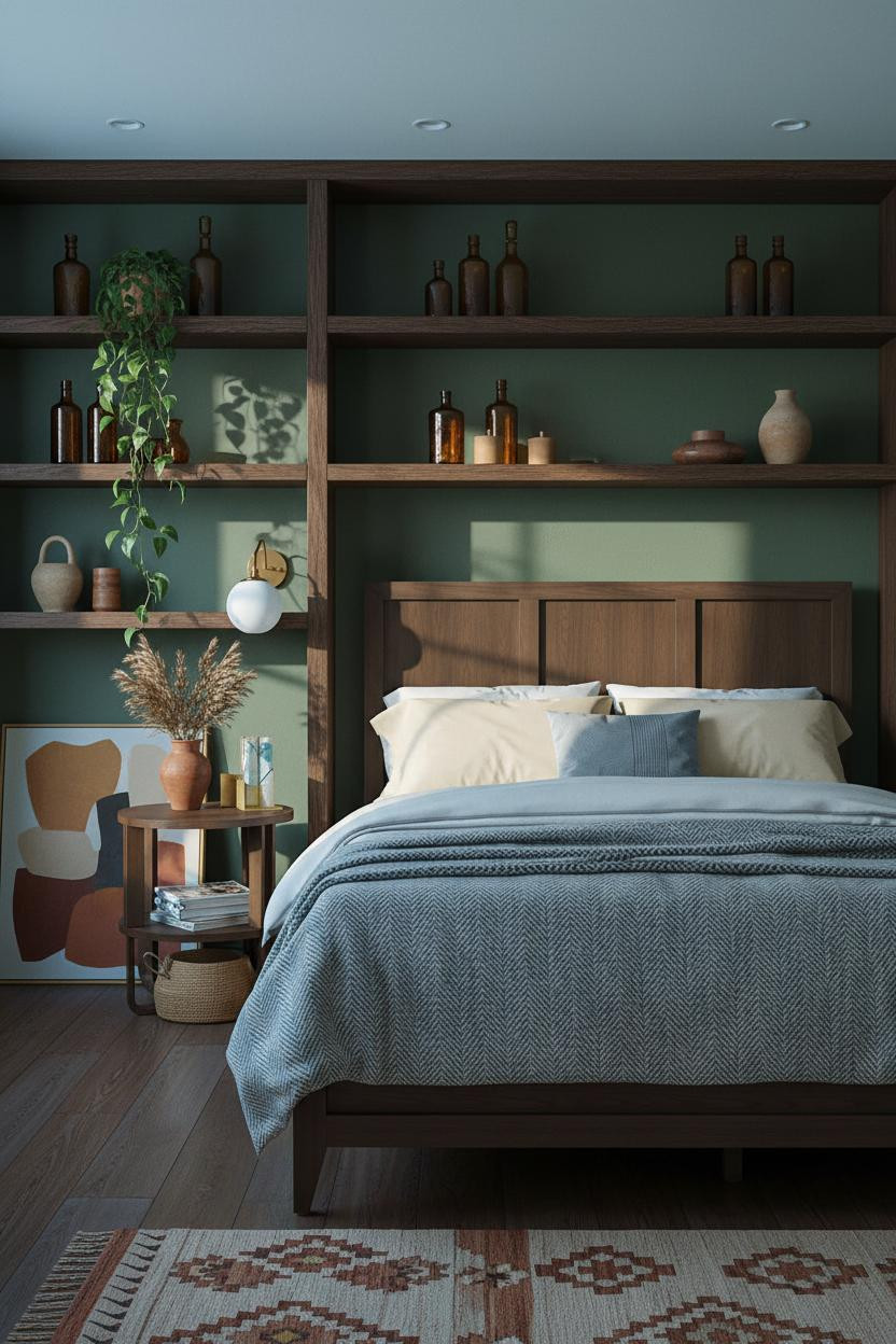 70s Bedroom Maximalist Shelving Vintage Decor With Avocado Walls
