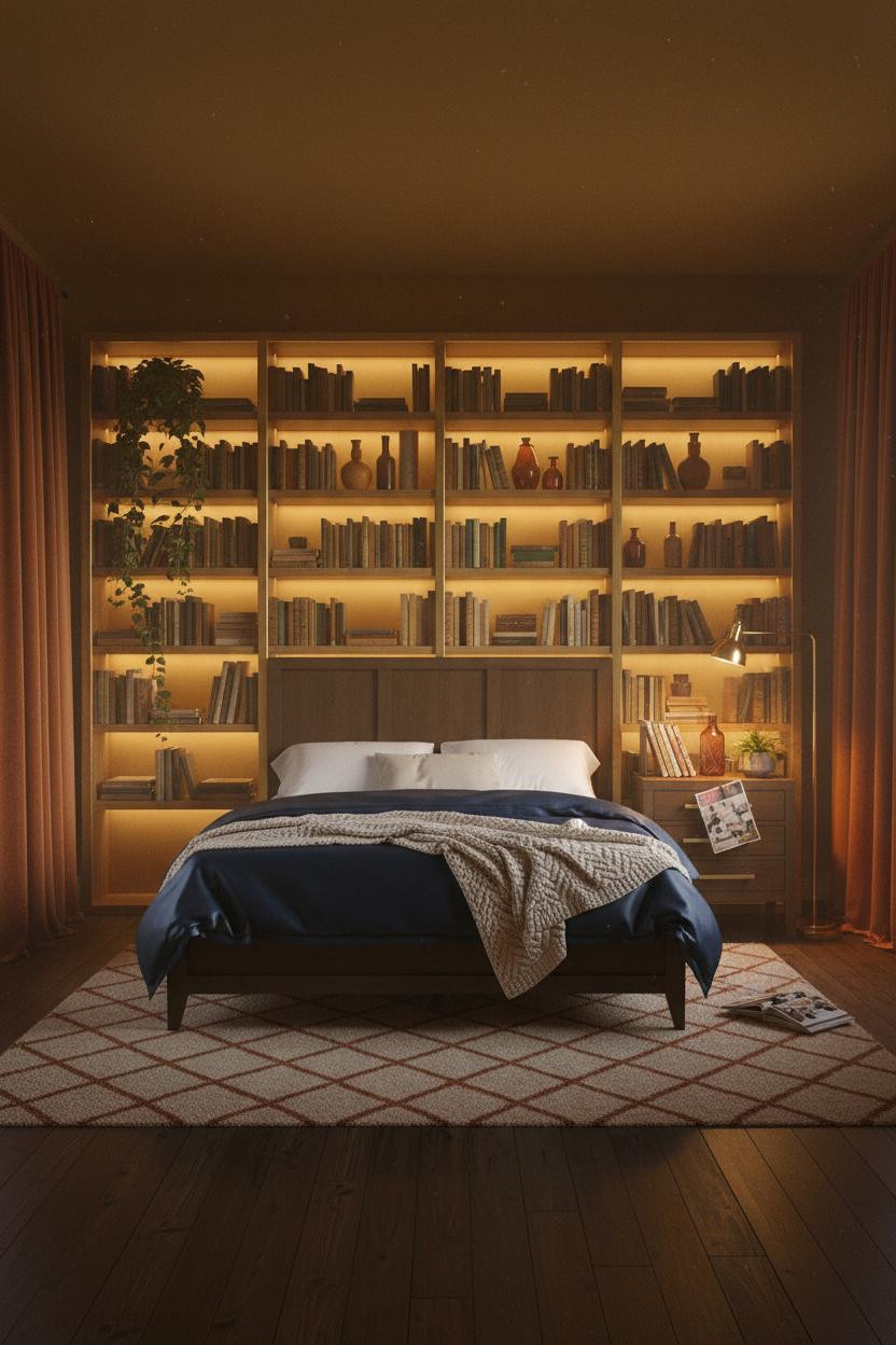 70s Bedroom Aesthetic Ideas With Mustard Walls and Brass Shelving