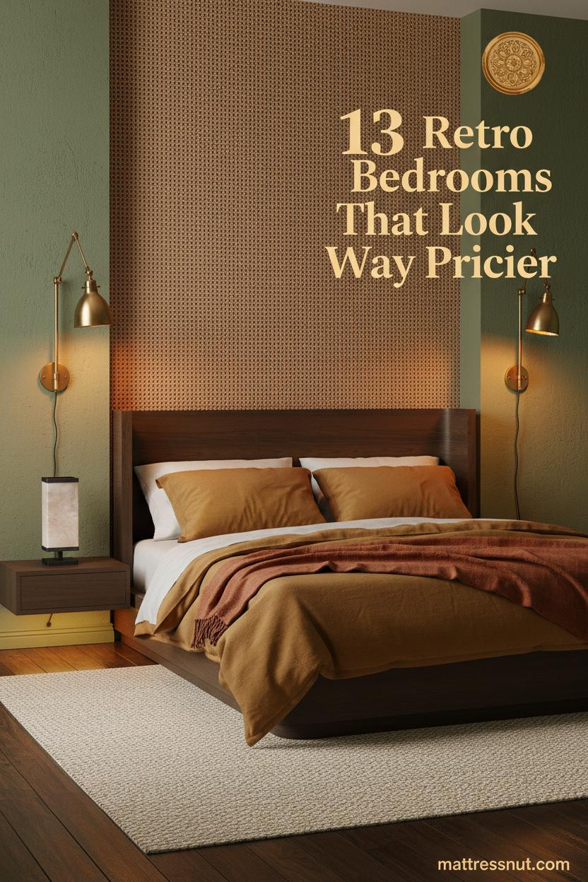 70s bedroom with honeycomb rattan headboard wall, moss green plaster, ochre and rust linen bedding, brass sconces, and dark timber flooring