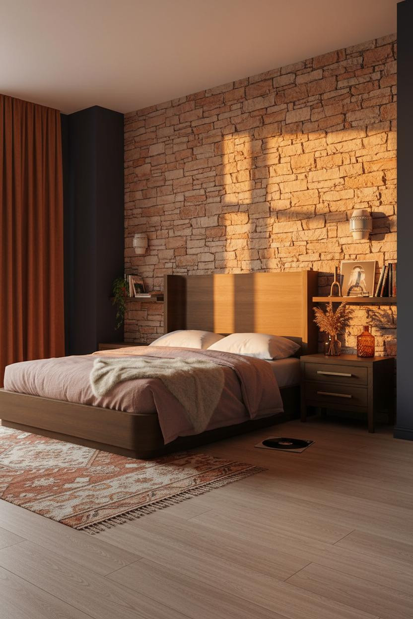 70s Bedroom Stone Accent Wall With Amber Lighting