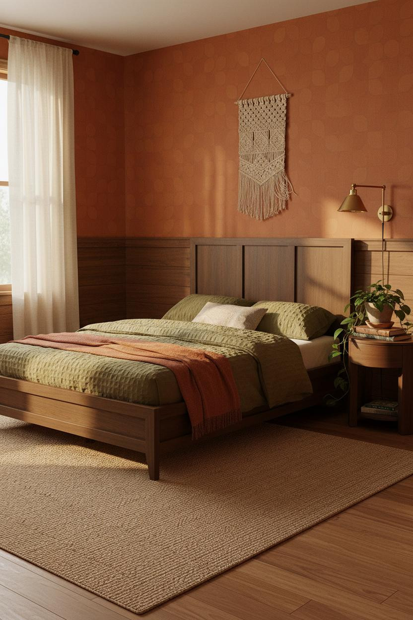 70s Bedroom Walnut Paneling With Burnt Orange Walls