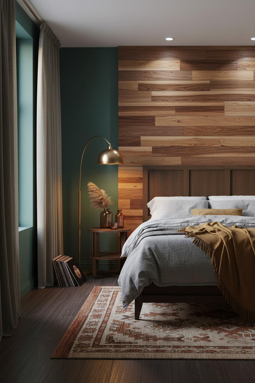 70s Bedroom Wood Slat Accent Wall With Forest Green