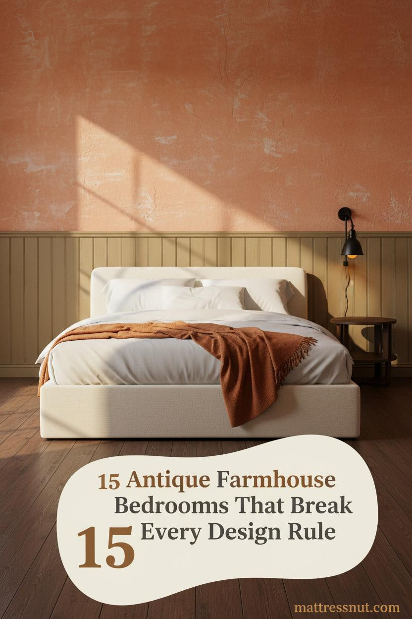 Antique farmhouse bedroom with terracotta lime-washed plaster walls, dark oak floors, pale percale bedding, burnt orange linen throw, and iron wall sconce