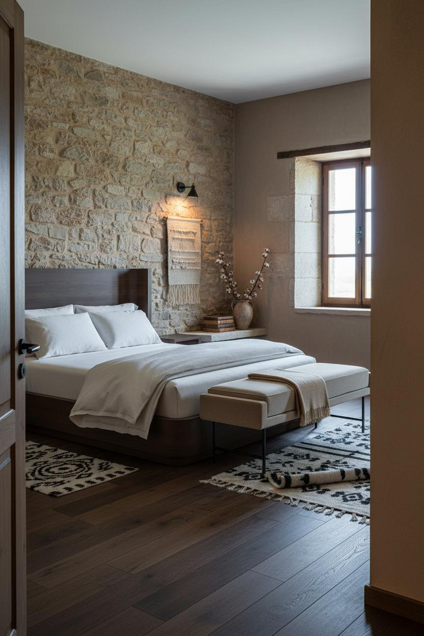 Antique Farmhouse Bedroom Stone Wall