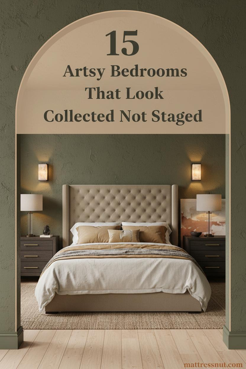 Artsy bedroom with deep olive plaster arch wall, bleached oak floors, worn jute rug, layered ochre linen bedding, and abstract canvas leaning against arch