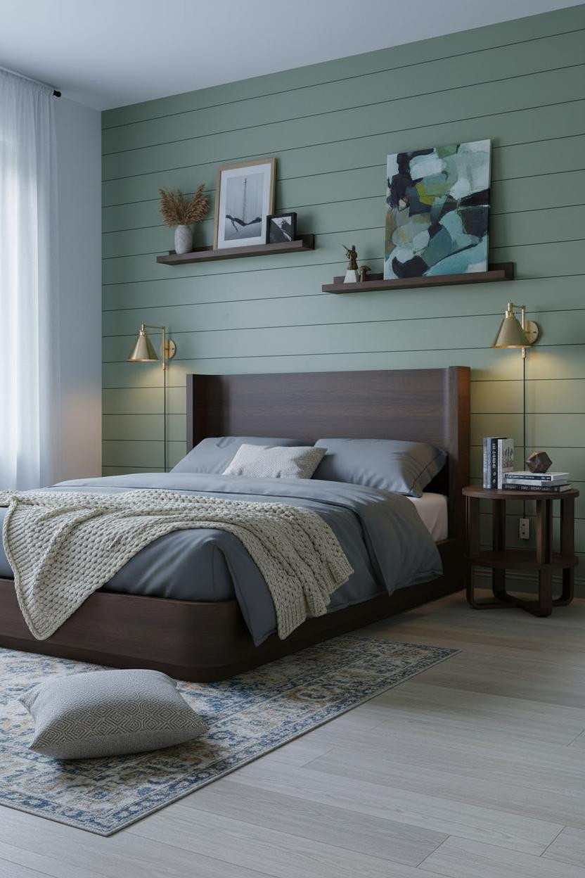 Artsy Bedroom Sage Shiplap Floating Shelves
