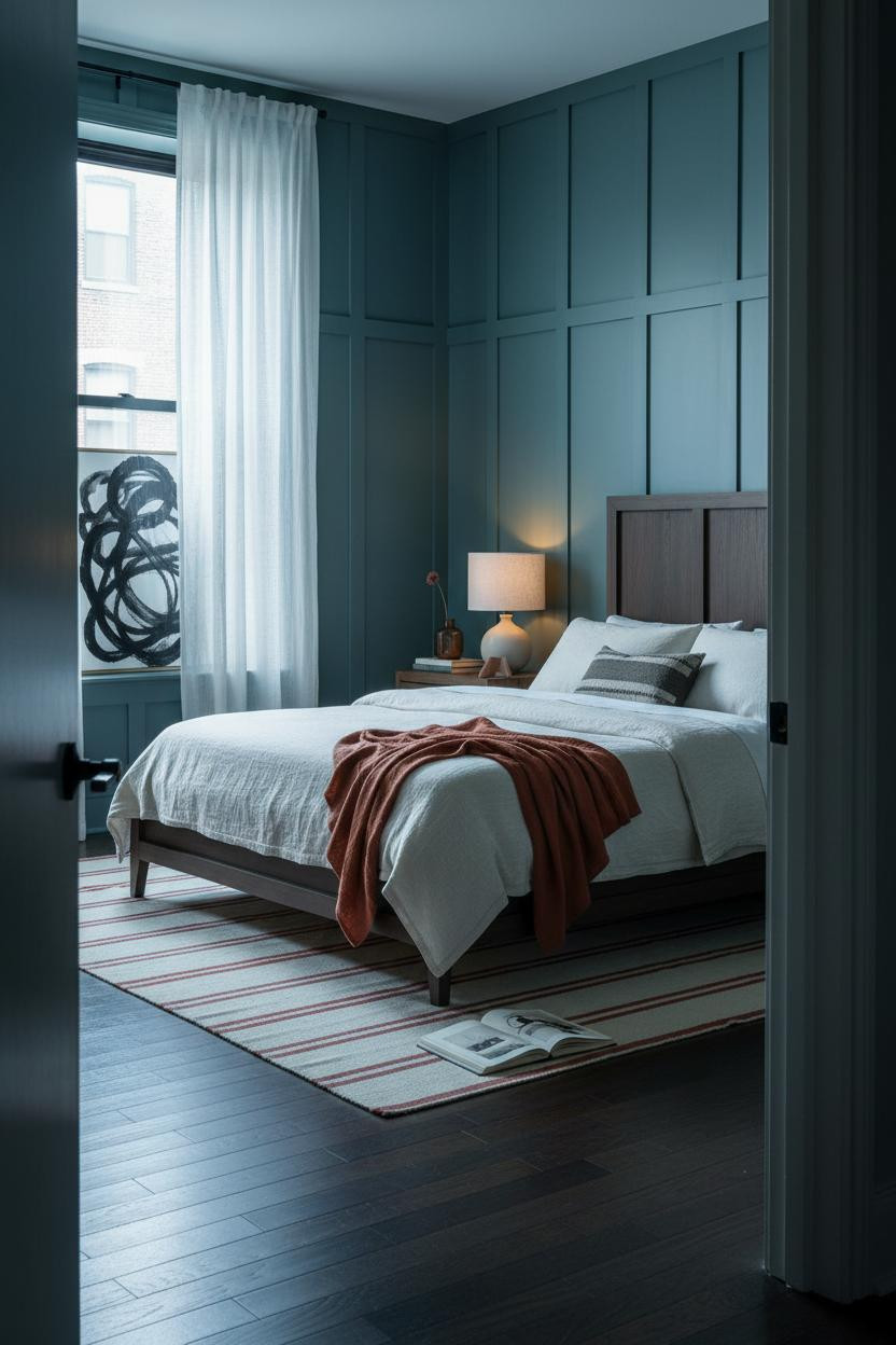 Artsy Bedroom Teal Wainscoting Eclectic