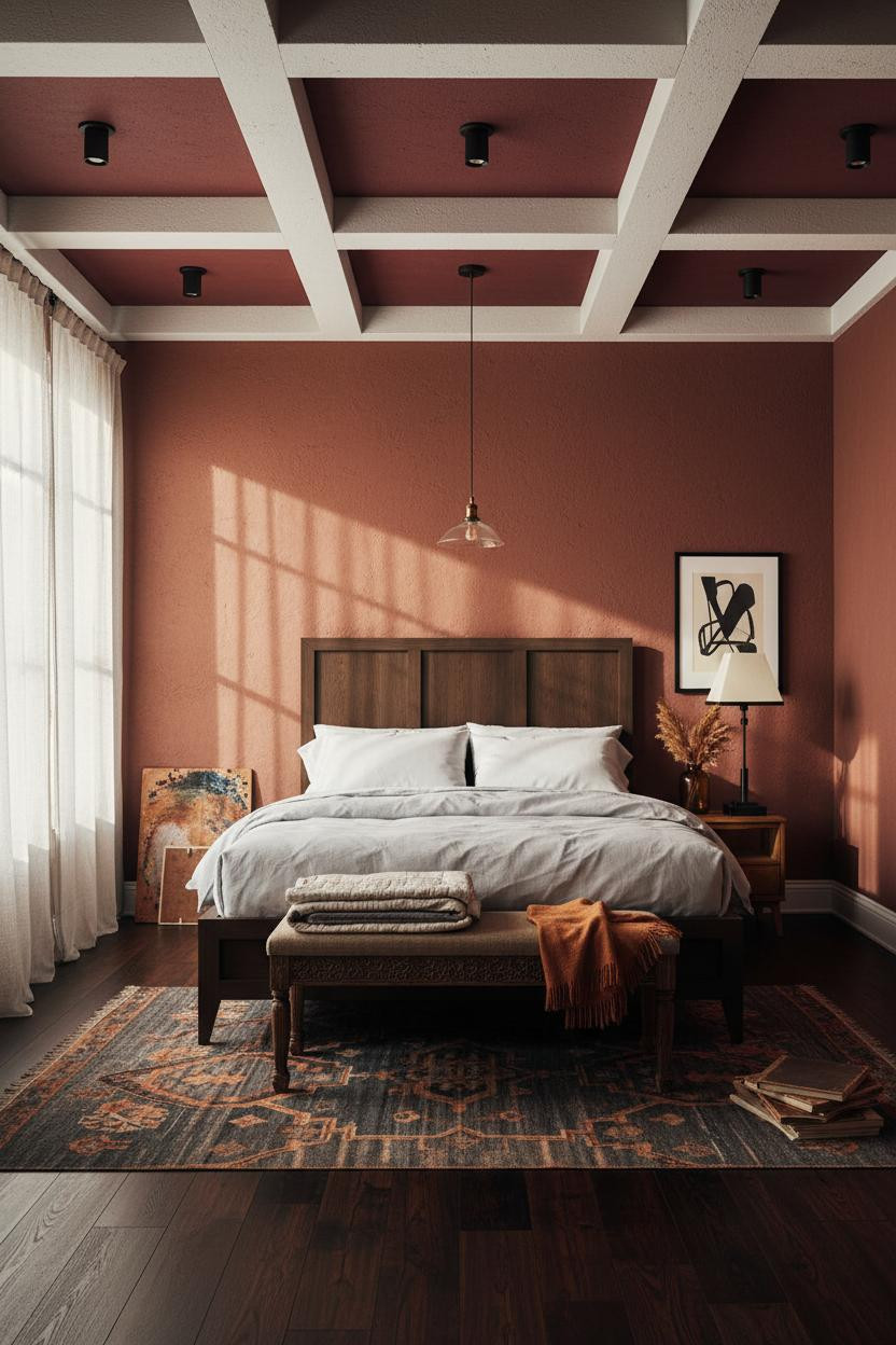 Artsy Bedroom Vintage Eclectic Coffered Ceiling