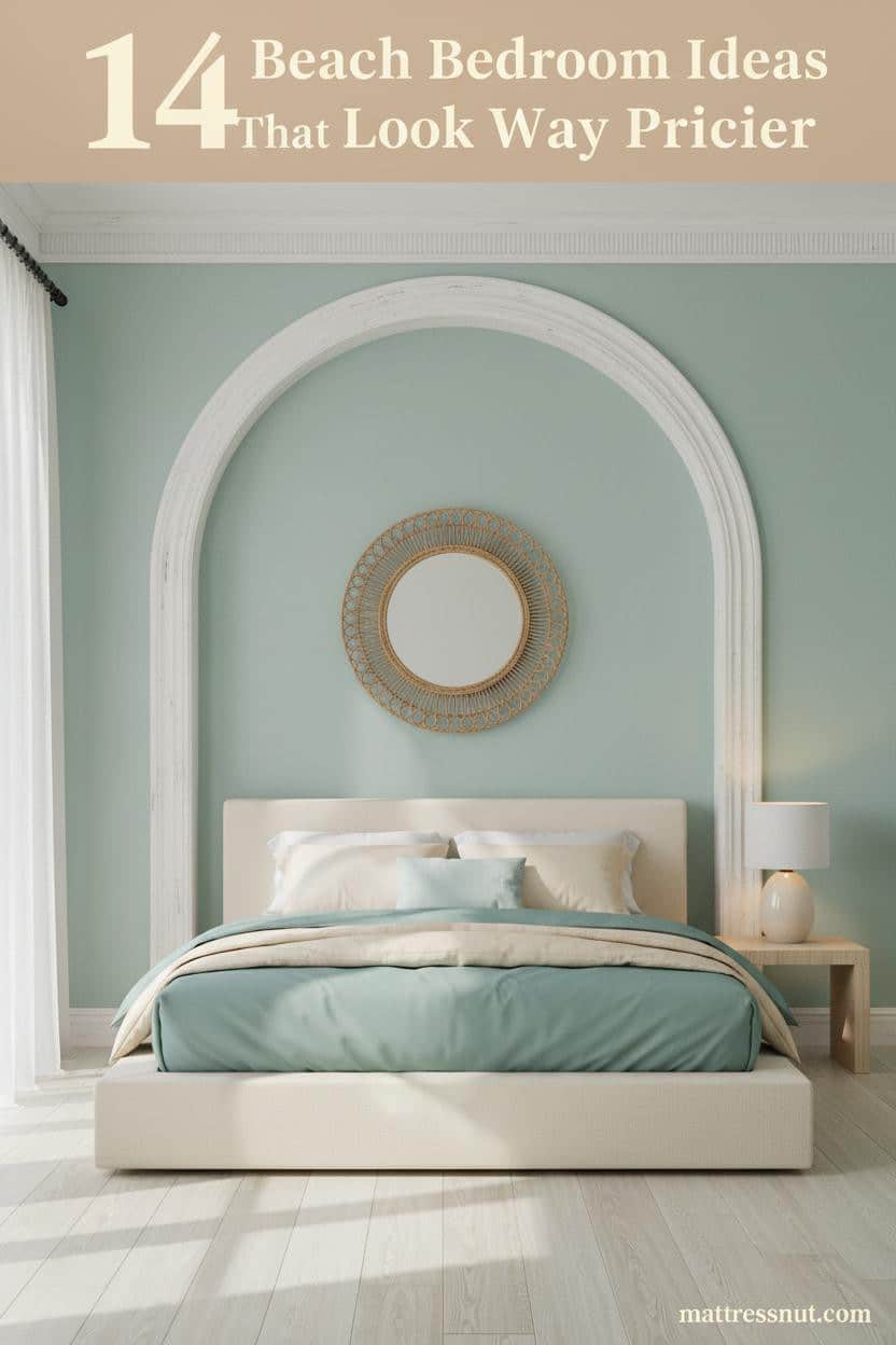 Coastal bedroom with seafoam limewash wall, driftwood arch niche, cream and teal bedding, rattan mirror, and warm pine floors