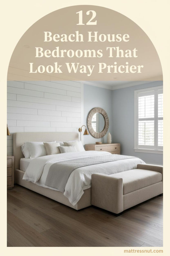 Airy coastal bedroom with white board-and-batten walls, bleached timber floors, stone-washed linen bedding, and a round driftwood mirror