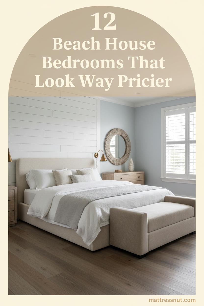 Airy coastal bedroom with white board-and-batten walls, bleached timber floors, stone-washed linen bedding, and a round driftwood mirror