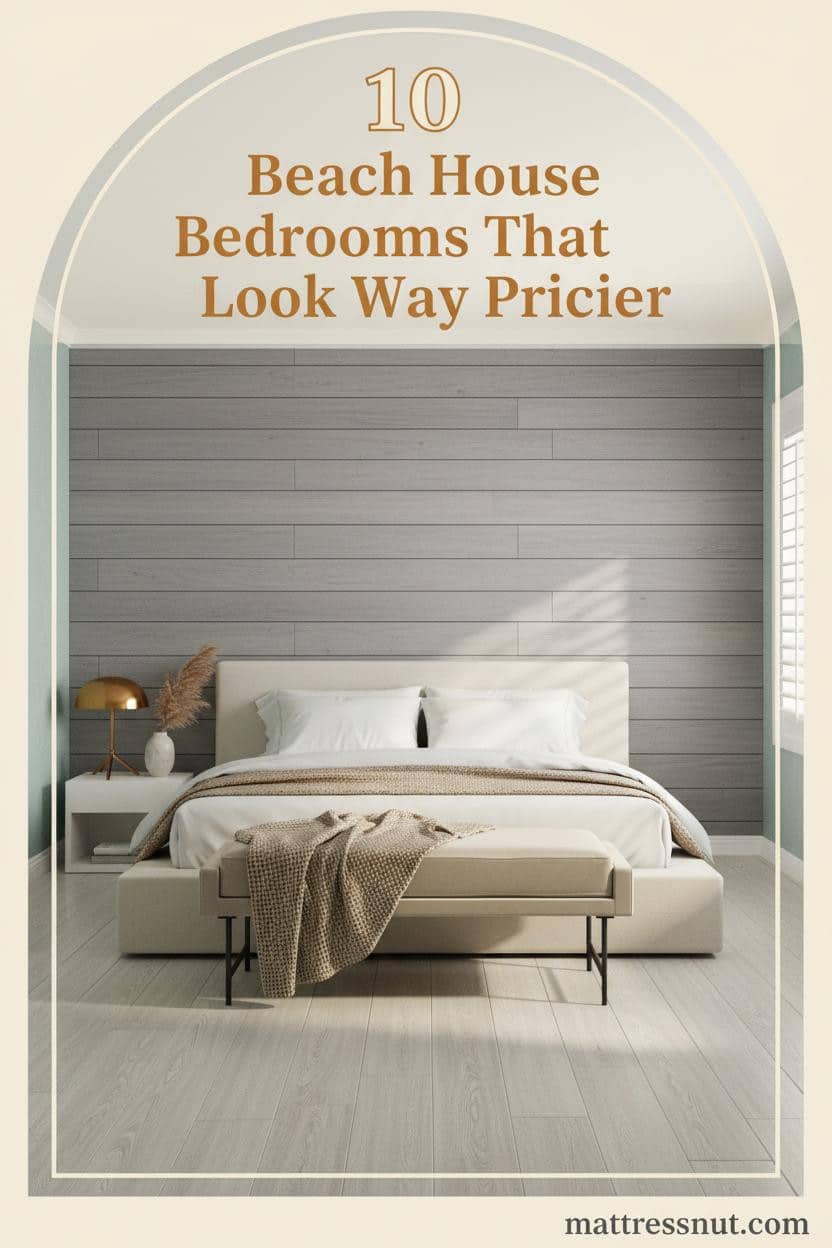 Coastal beach house bedroom with driftwood shiplap headwall, ivory linen bedding, woven jute throw, brass lamp, and louvered shuttered windows
